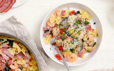 Creamy Turkey Bacon and Shrimp Bow Tie Pasta